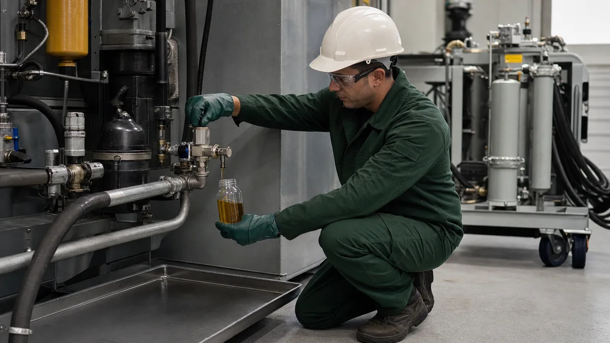 Técnico com EPIs coleta amostra de óleo em ponto dedicado de um circuito hidráulico durante validação da filtragem.