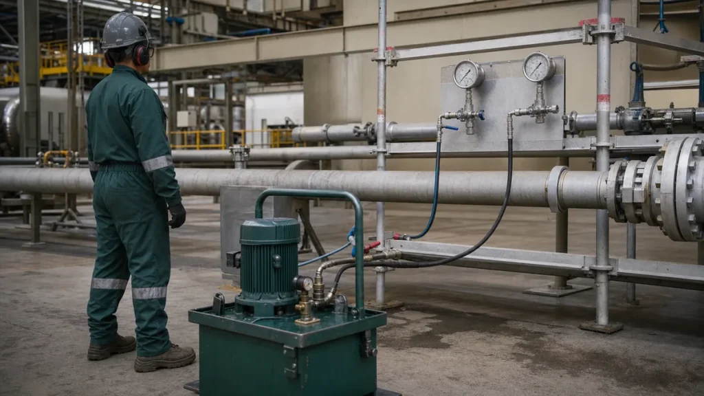 Bomba e instrumentos conectados a tubulação industrial durante preparação controlada de teste hidrostático