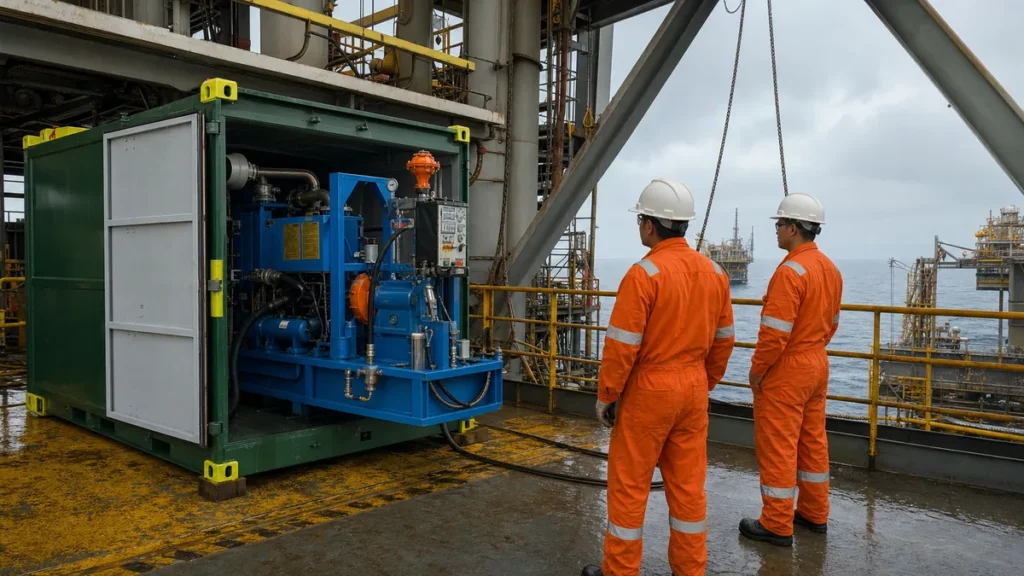 Máquina azul de hidrojateamento instalada em skid verde em plataforma offshore com equipe em macacão laranja fora da zona de operação
