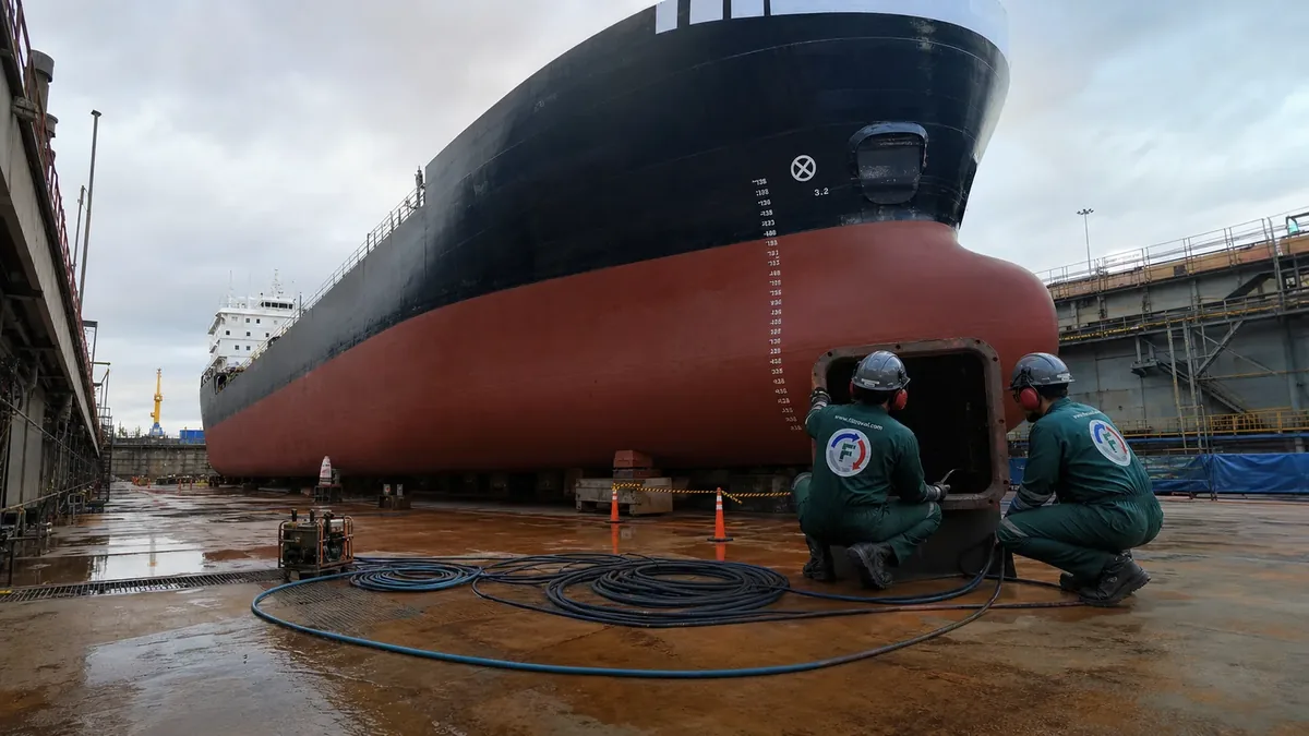 Técnicos da Filtrovali em macacões verdes preparando limpeza de tanque de um único navio em dique seco