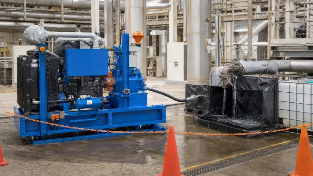 Máquina azul de hidrojateamento com sistema fechado de contenção e coleta de efluentes, sem marcas de terceiros