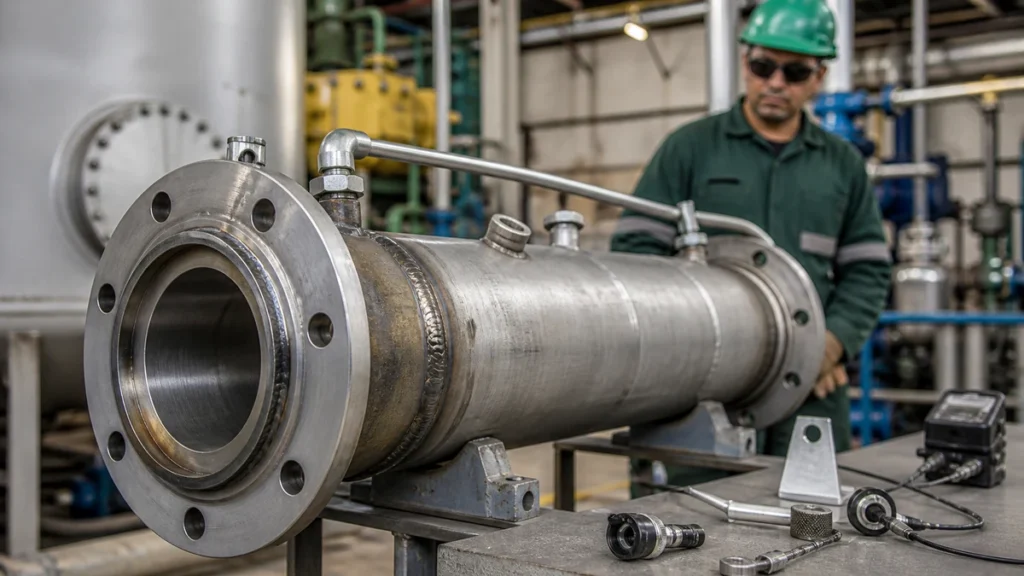 Superfície de aço inox com área de solda sendo inspecionada para ferro livre antes do tratamento