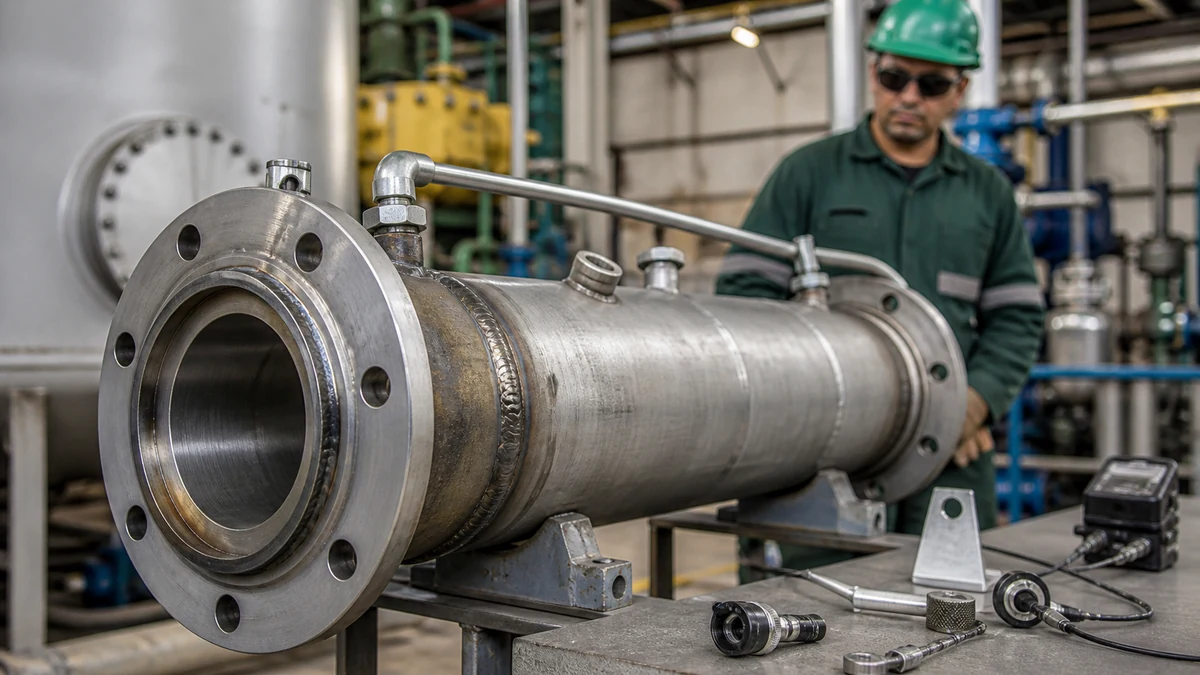 Superfície de aço inox com área de solda sendo inspecionada para ferro livre antes do tratamento