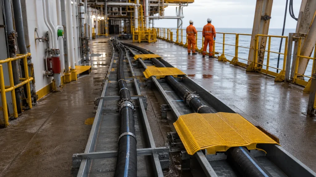Mangueiras temporárias de flushing organizadas em bandejas e passagens protegidas no convés offshore