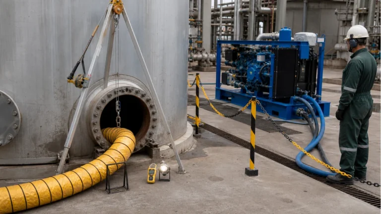 Unidade azul de hidrojateamento fora da entrada de tanque industrial com ventilação e sistema de resgate