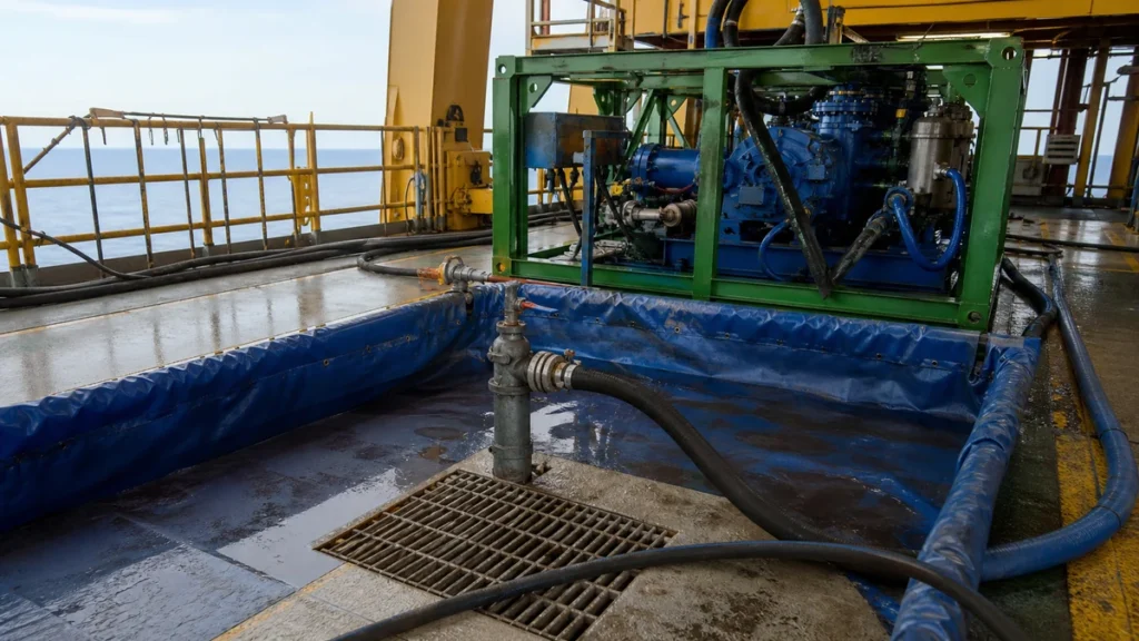 Área de contenção preparada em convés offshore para hidrojateamento