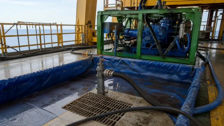 Área de contenção preparada em convés offshore para hidrojateamento