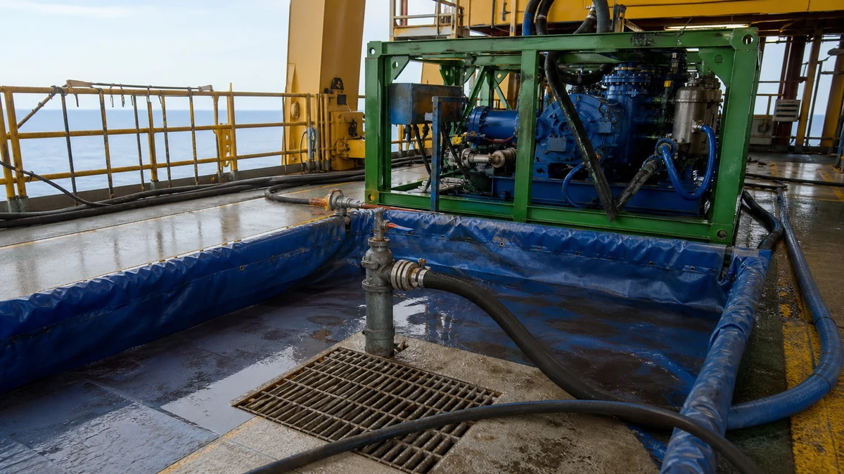 Área de contenção preparada em convés offshore para hidrojateamento