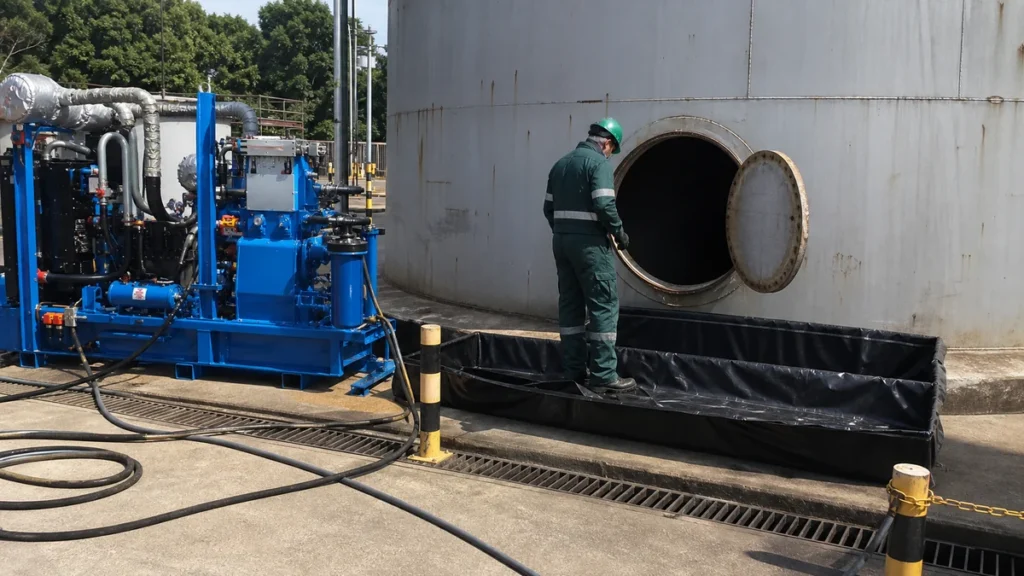 Hidrojateamento em tanques industriais como escolher acesso, alcance e contenção em ambiente industrial com representação técnica segura e realista