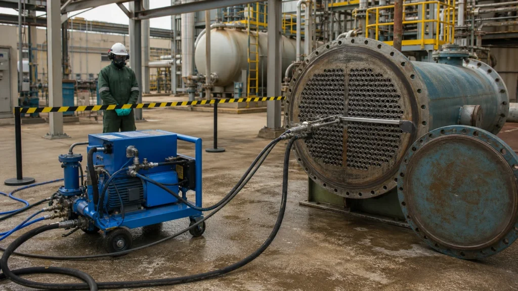 Hidrojateamento em feixes tubulares como definir bico, acesso e critério de limpeza em ambiente industrial com representação técnica segura e realista