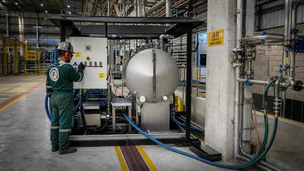 Equipe técnica avaliando parâmetros e etapas de uma limpeza química industrial