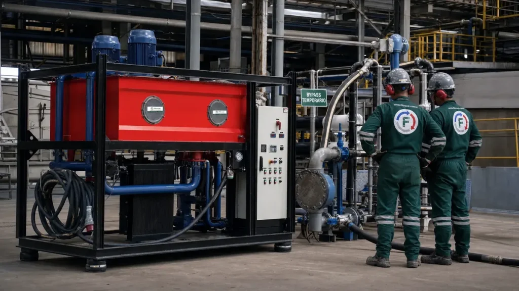 Unidade de flushing com montagem temporária de bypass para proteção de componentes sensíveis