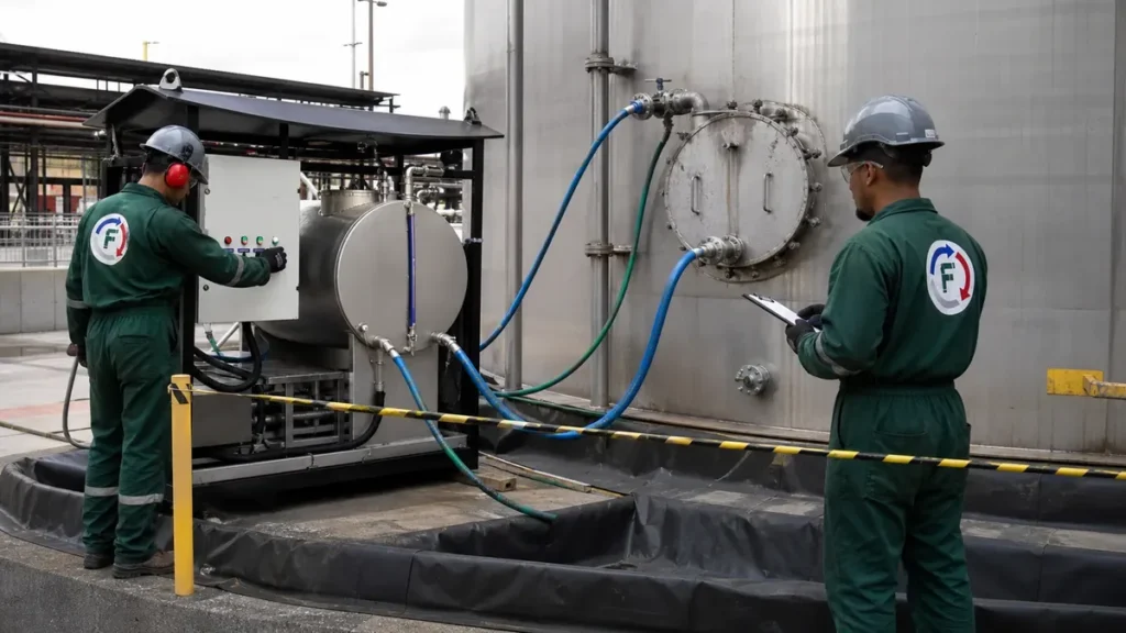 Inspeção técnica de tanque industrial de aço inox após fabricação ou reparo