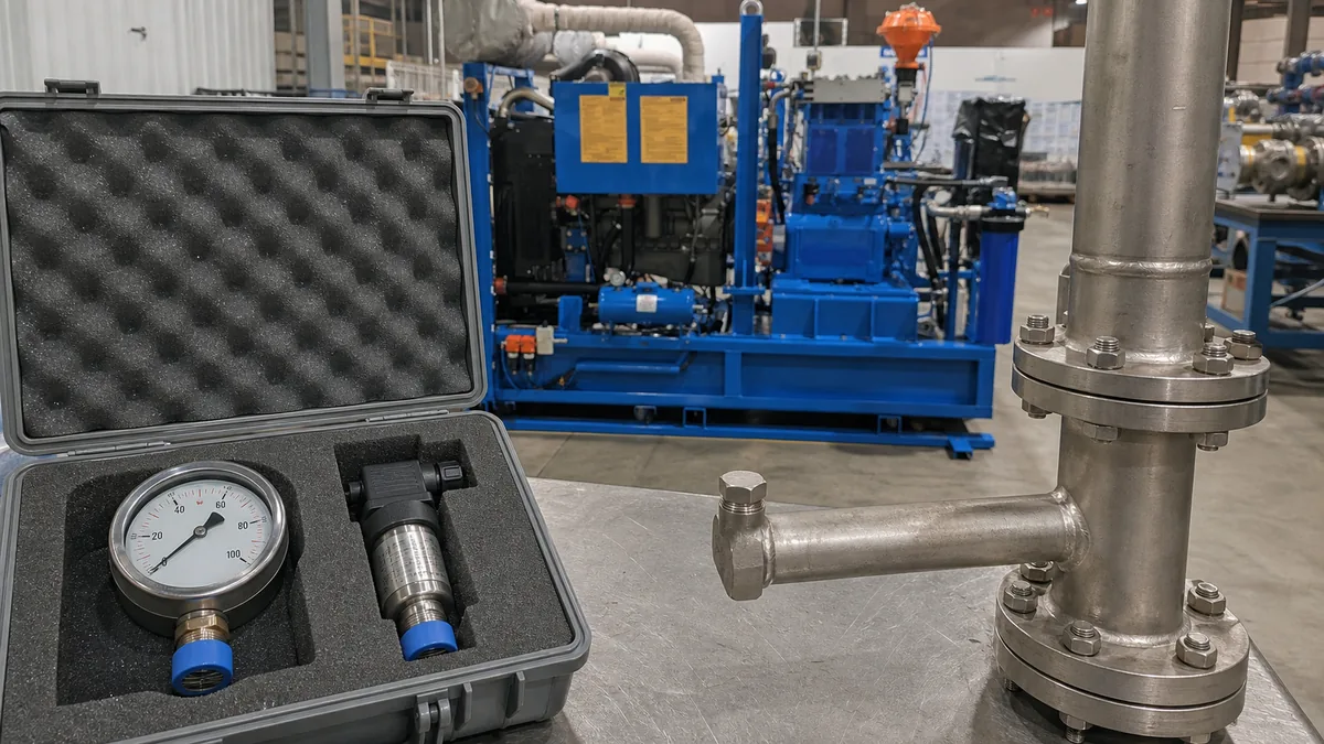Manômetro e sensor removidos e protegidos antes do hidrojateamento industrial