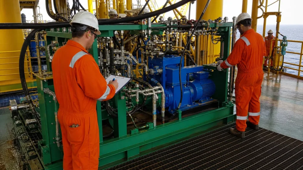 Equipe offshore em troca de turno durante handover de limpeza industrial