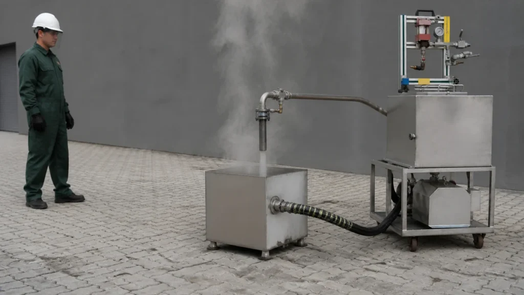 Sistema industrial de limpeza química assistida por vapor com coleta de condensado