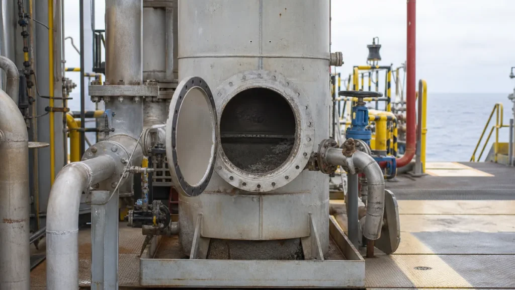 Vaso APV offshore aberto para avaliação da condição interna antes da limpeza química
