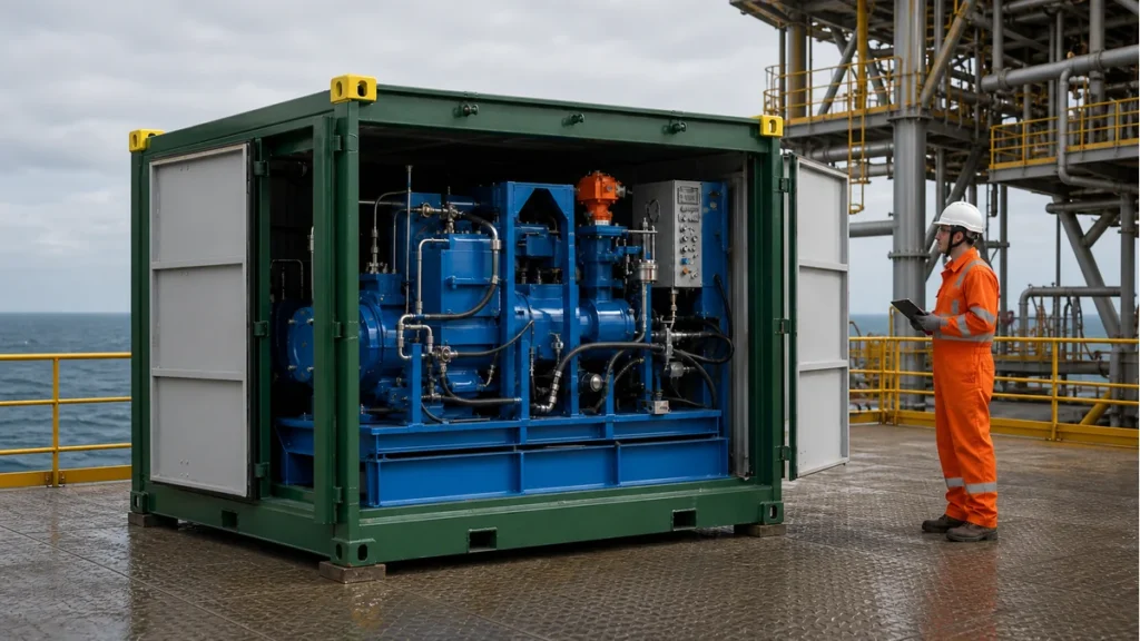 Inspetor offshore avalia skid verde com unidade industrial azul no convés de plataforma