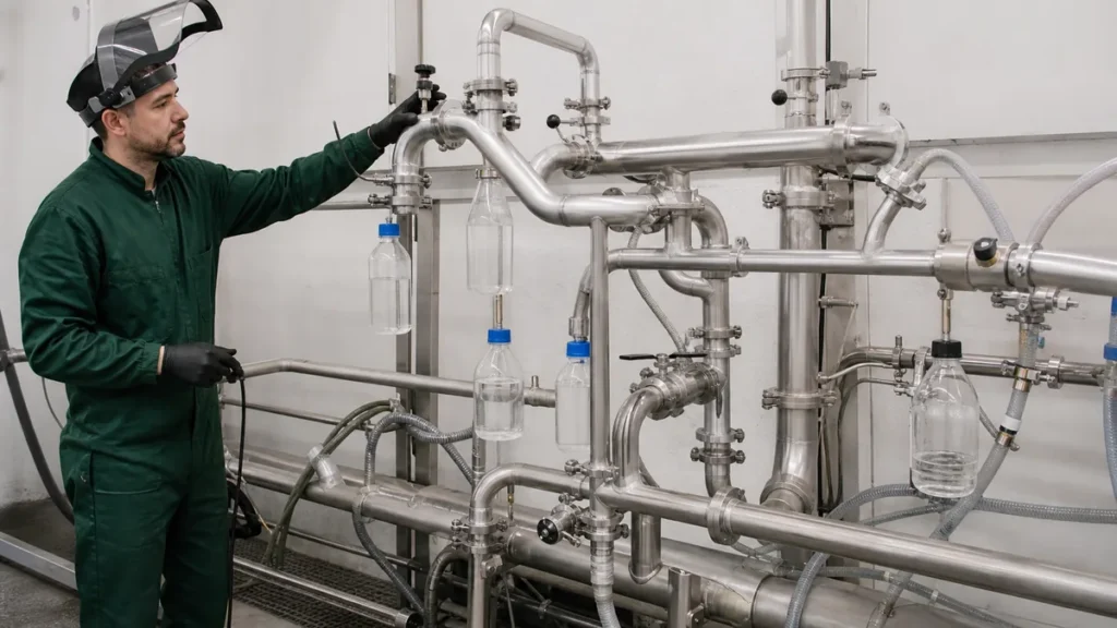 Tubulações inoxidáveis ramificadas com pontos de amostragem para verificar cobertura da passivação