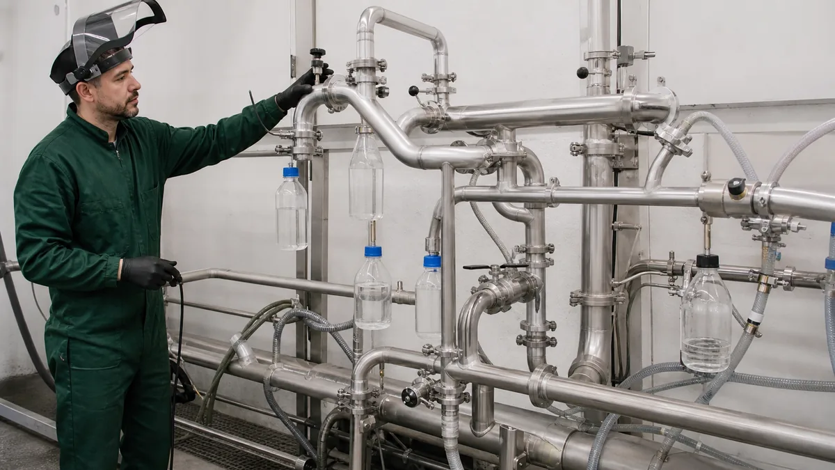 Tubulações inoxidáveis ramificadas com pontos de amostragem para verificar cobertura da passivação