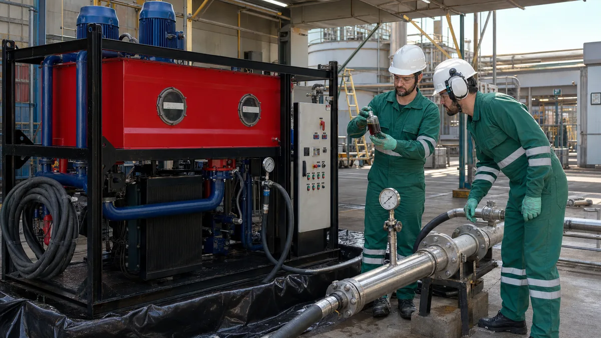 Dois técnicos em macacão verde monitoram unidade móvel de flushing conectada a tubulação industrial.