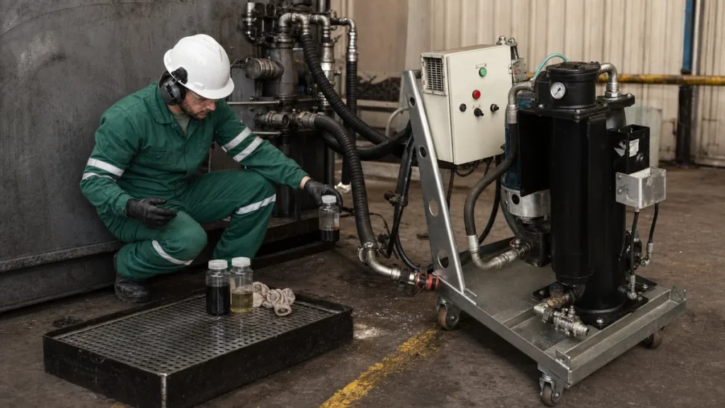 Técnico em macacão verde inspeciona carrinho industrial de filtragem conectado a reservatório de óleo.