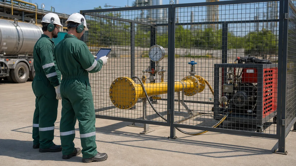 Dois técnicos em macacão verde registram teste hidrostático fora da área rígida de isolamento.