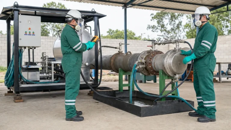 Dois técnicos em macacão verde monitoram limpeza química em circuito fechado com contenção.