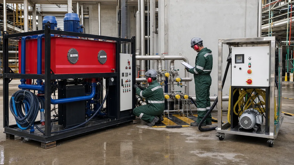 Técnicos em macacão verde verificam a transição entre unidade de flushing e filtragem do circuito.