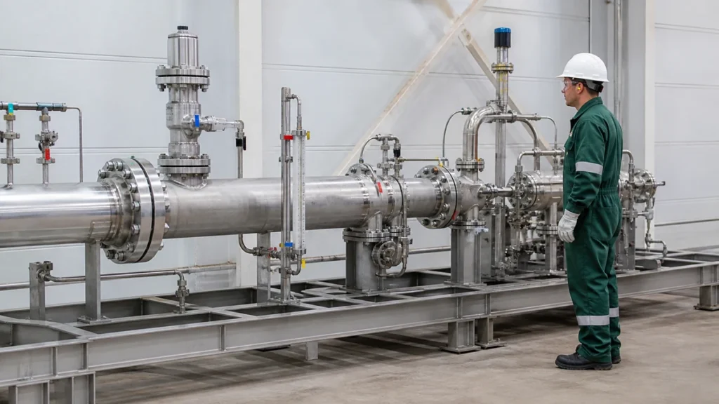 Linha industrial tampada e preservada após flushing aguardando partida