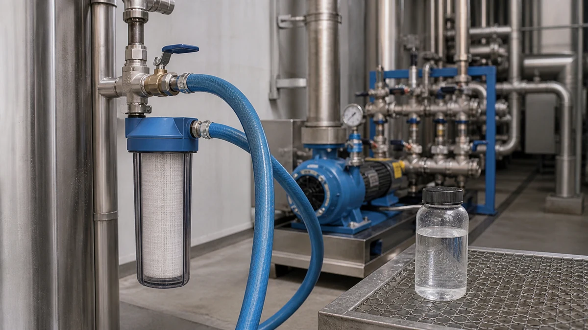 Amostragem da água usada em teste hidrostático de tubulação industrial