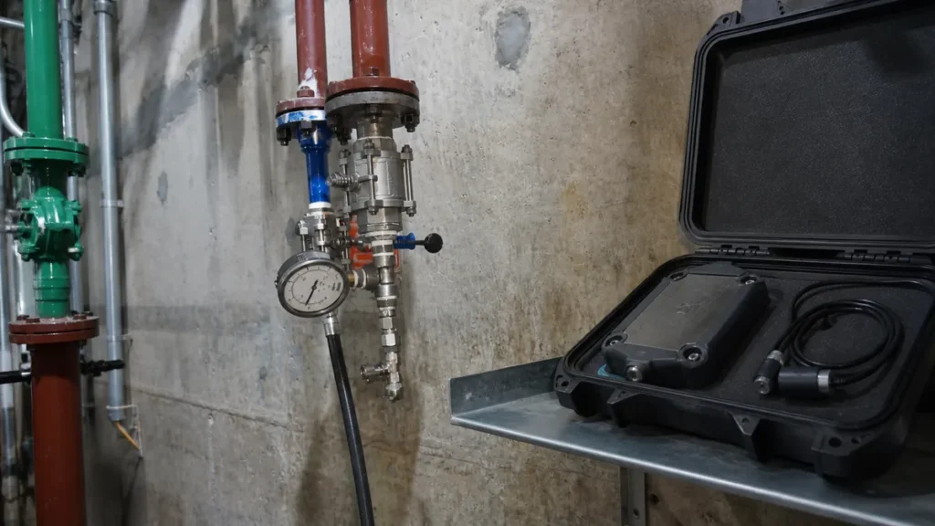 Registrador desconectado ao lado do manômetro após interrupção no teste hidrostático