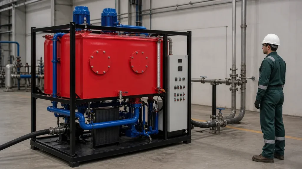Reservatório temporário vermelho em unidade de flushing industrial sobre base skid preta sem rodas