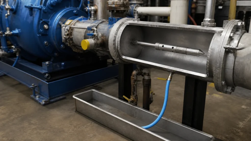 Bico invertido e caminho de retorno em tubulação industrial com fundo cego
