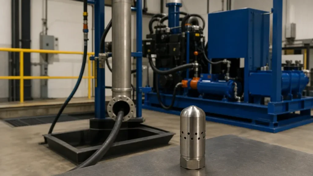 Preparação de bico de retrolavagem para tubulação vertical com máquina azul de alta pressão em base skid fixa
