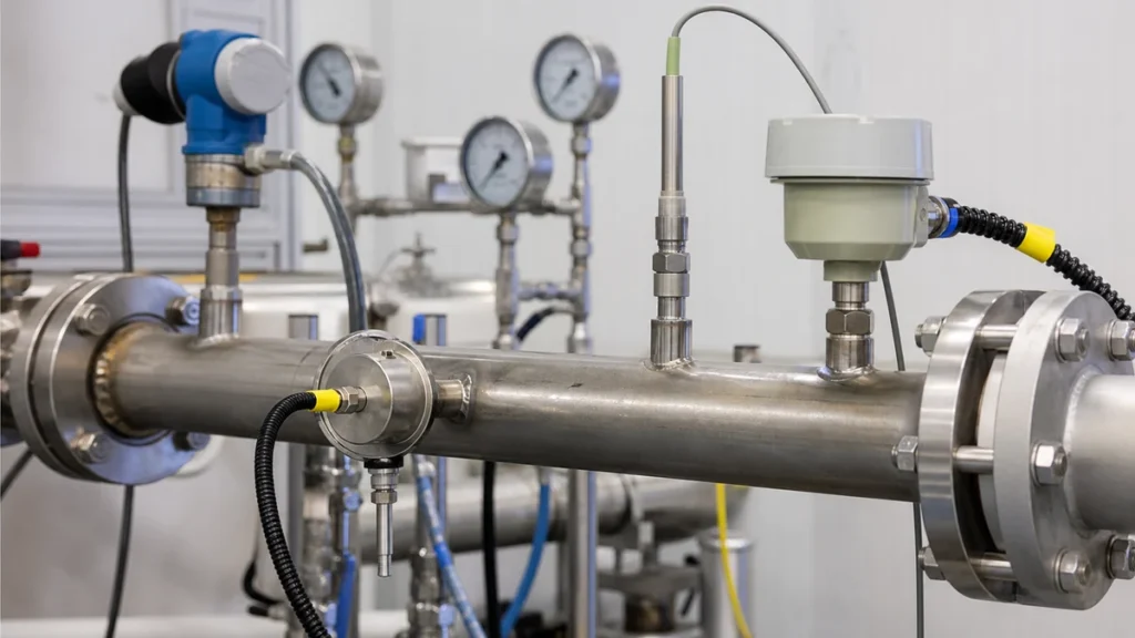 Sensores de temperatura posicionados em pontos distintos de linha durante teste hidrostático