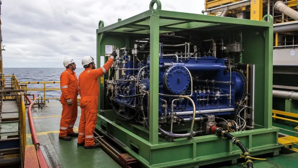 Máquina azul de hidrojateamento visível dentro de skid verde preparado para offshore