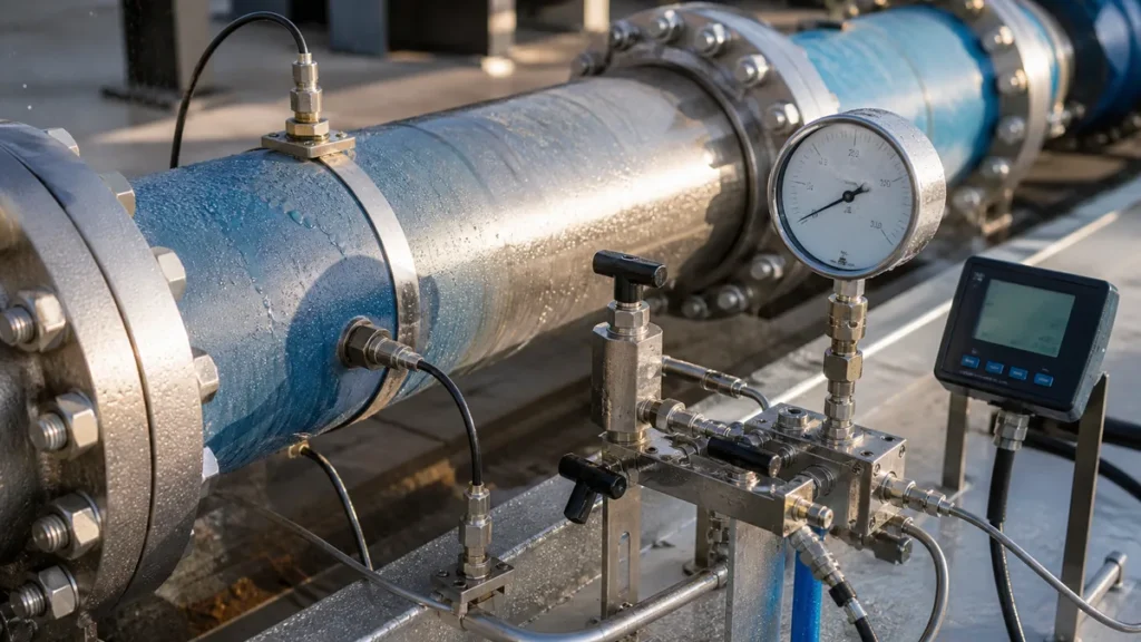 Instrumentação de temperatura e pressão instalada no mesmo trecho durante teste hidrostático
