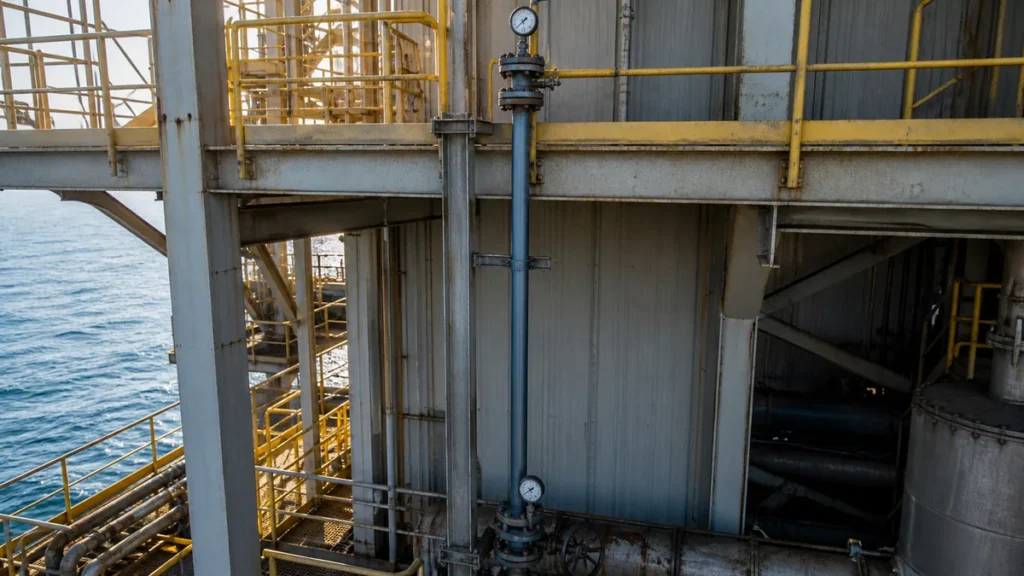 Manômetros instalados em pontos baixo e alto de uma tubulação vertical durante teste hidrostático