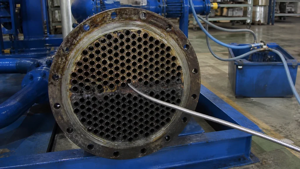 Sonda de verificação sendo inserida em tubo de trocador com equipamento parado