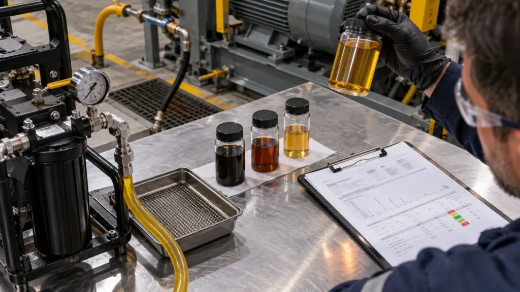 A filtragem recupera os aditivos do óleo em contexto industrial técnico e realista
