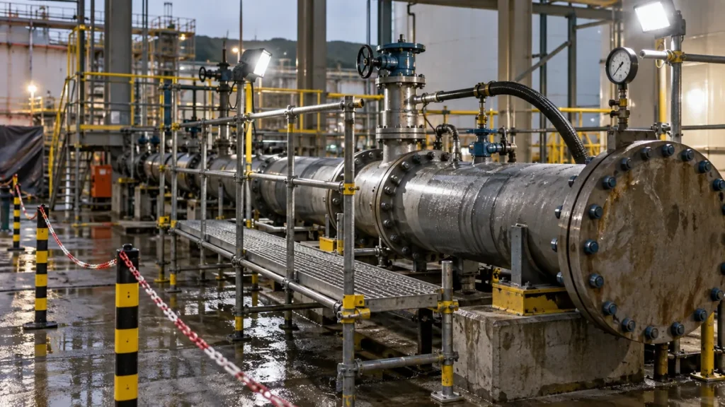 Acesso durante o teste hidrostático em contexto industrial técnico e realista
