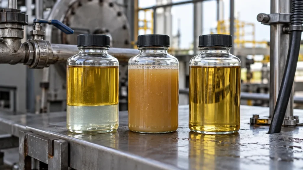 Água livre, dissolvida ou emulsificada no óleo em contexto industrial técnico e realista