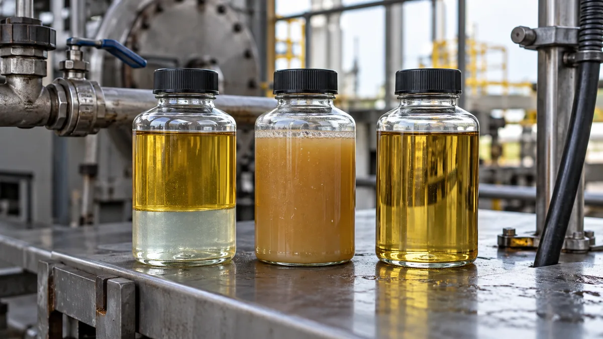 Água livre, dissolvida ou emulsificada no óleo em contexto industrial técnico e realista