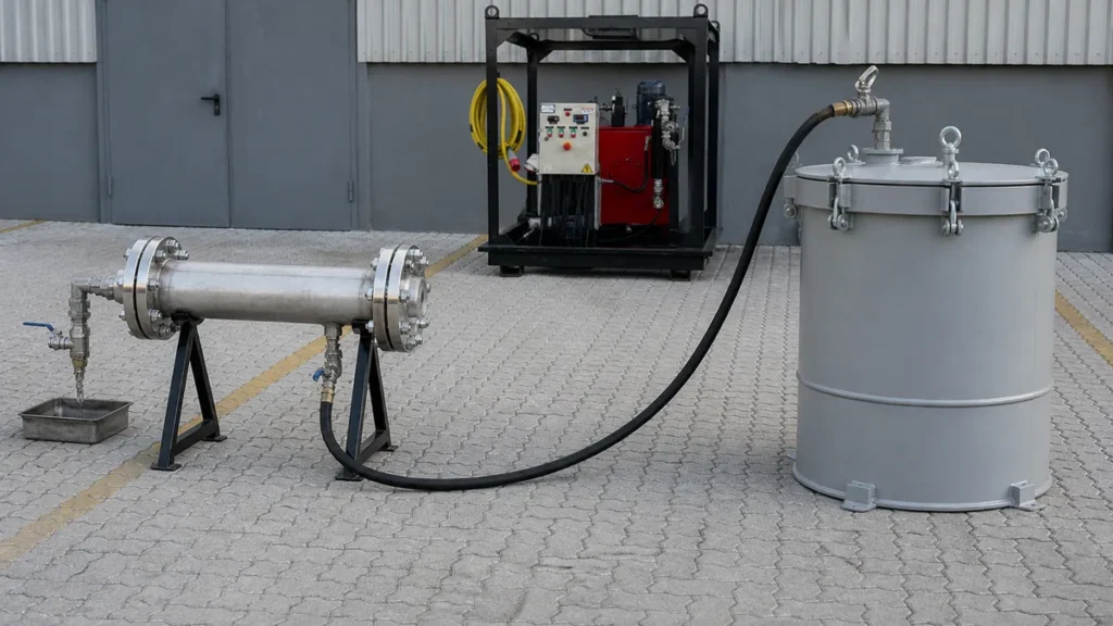 Linha de teste hidrostático despressurizada conectada a tanque fechado de contenção