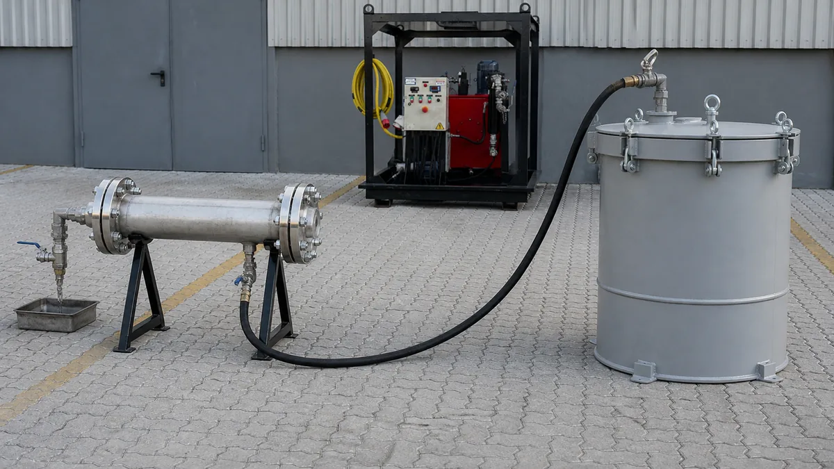 Linha de teste hidrostático despressurizada conectada a tanque fechado de contenção