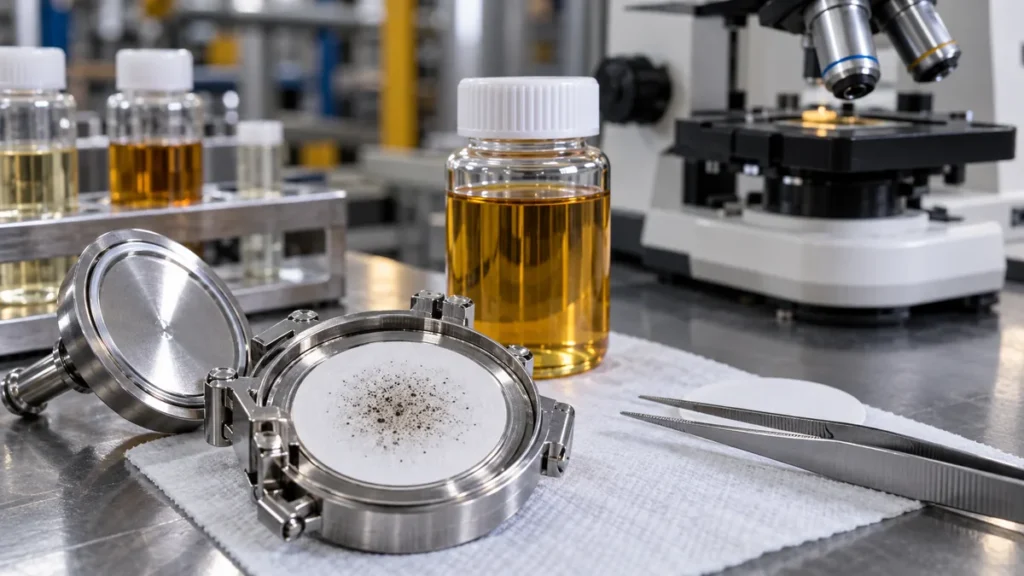 Membrana de análise de partículas em óleo hidráulico com amostra de laboratório