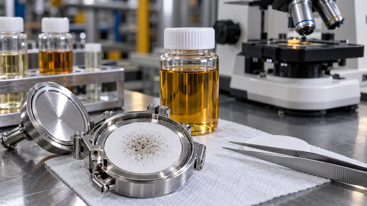 Membrana de análise de partículas em óleo hidráulico com amostra de laboratório