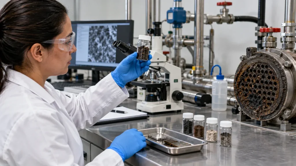 Análise do depósito antes da limpeza química em contexto industrial técnico e realista