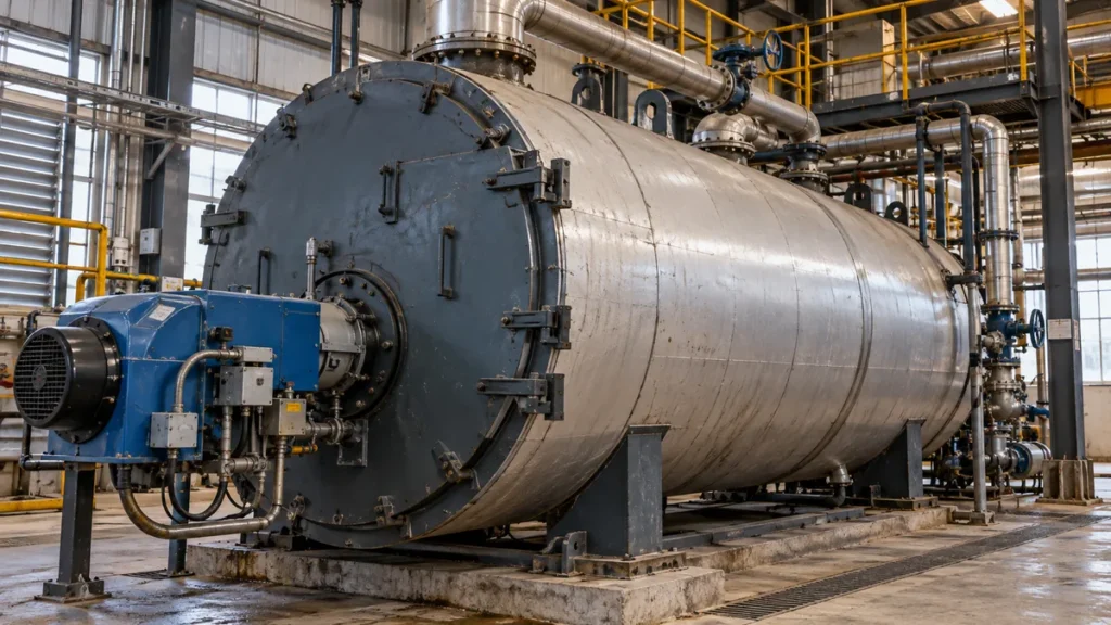 Caldeira industrial com pontos de acesso para avaliação da limpeza